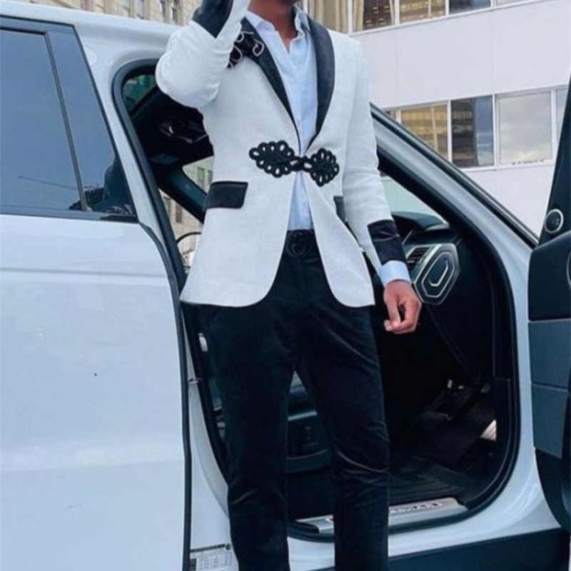 Black and white Jaquart mens 2-piece ultra-thin suit suitable for young mens dance party set velvet wedding evening dress Trajes De Hombre jacketpants