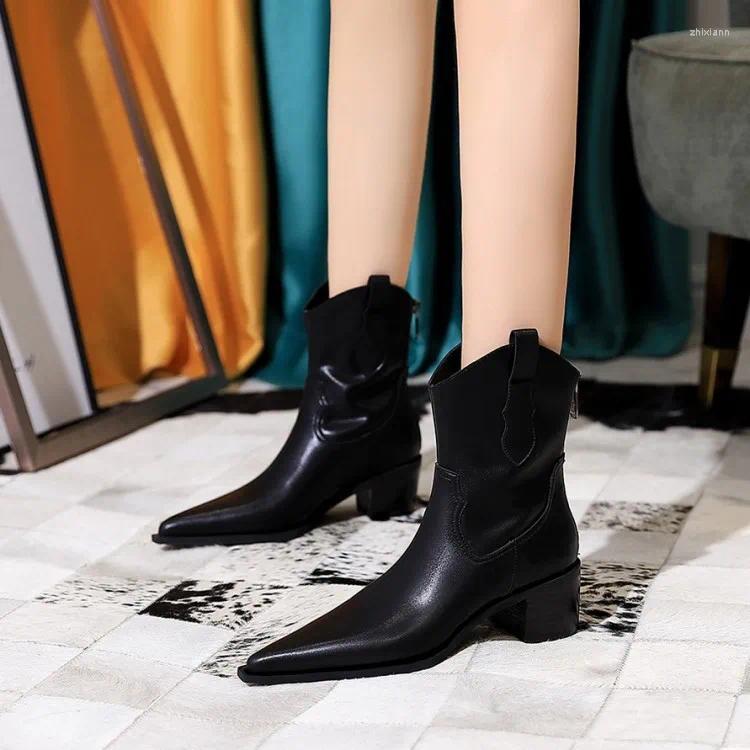 Boots Woman Flat Autumn Shoes Zipper Boots-Women Winter Footwear Low Rubber Fashion 2024 Pointy Ladies Med