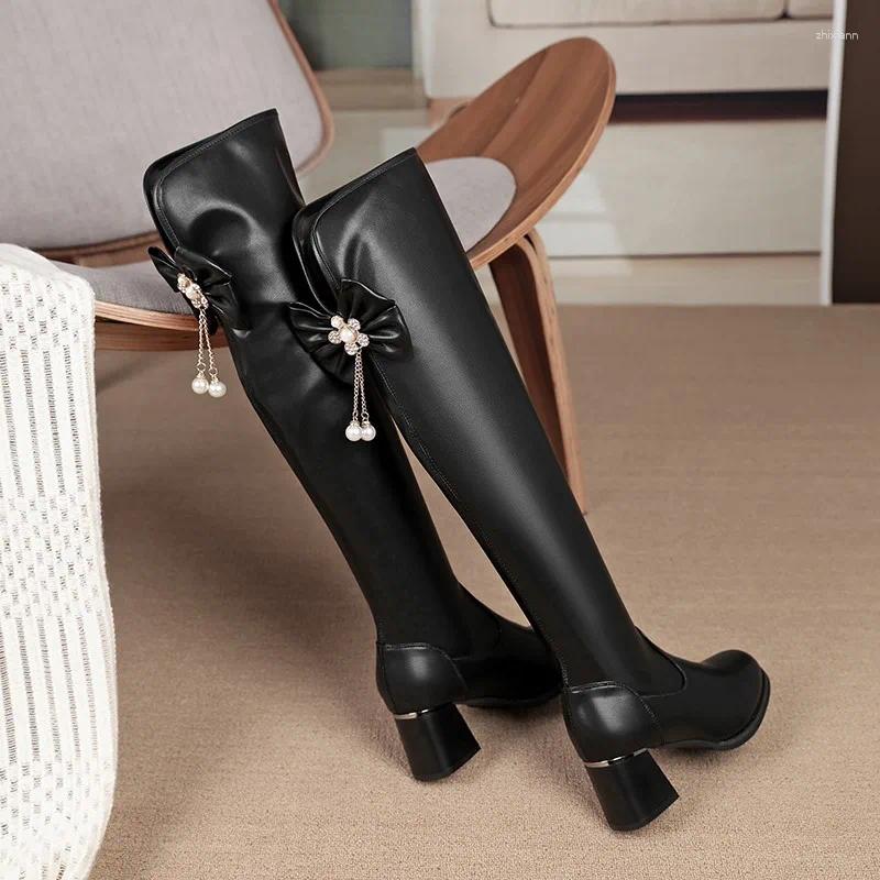 Boots Designer Pointed Toe Women Knee High 2024 Fashion Back Bowknot Long Thick Heels Autumn Winter Ladies Shoes b4ca