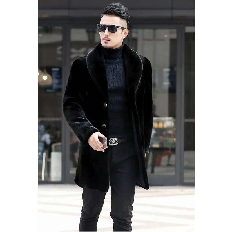 Winter long fur leather jacket mens coat long sleeved single breasted faux fur coat windproof thick pocket snow jacket 241028