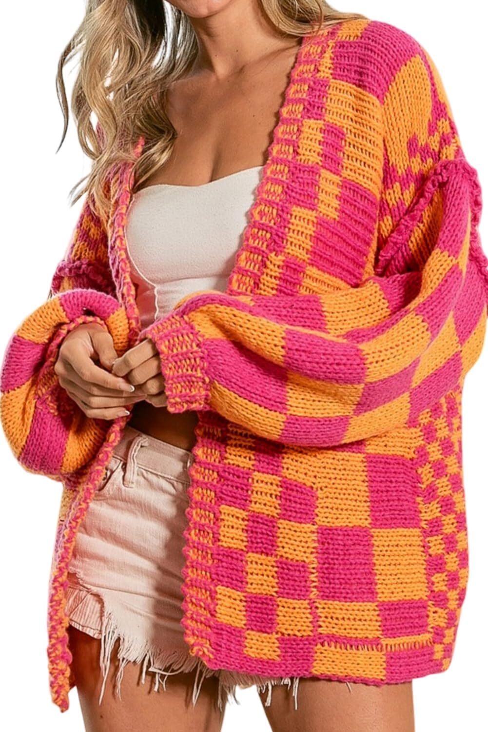 Women's cardigan sweater retro front placket mixed with checkered pattern coarse knitted checkered long sleeved daily jacket
