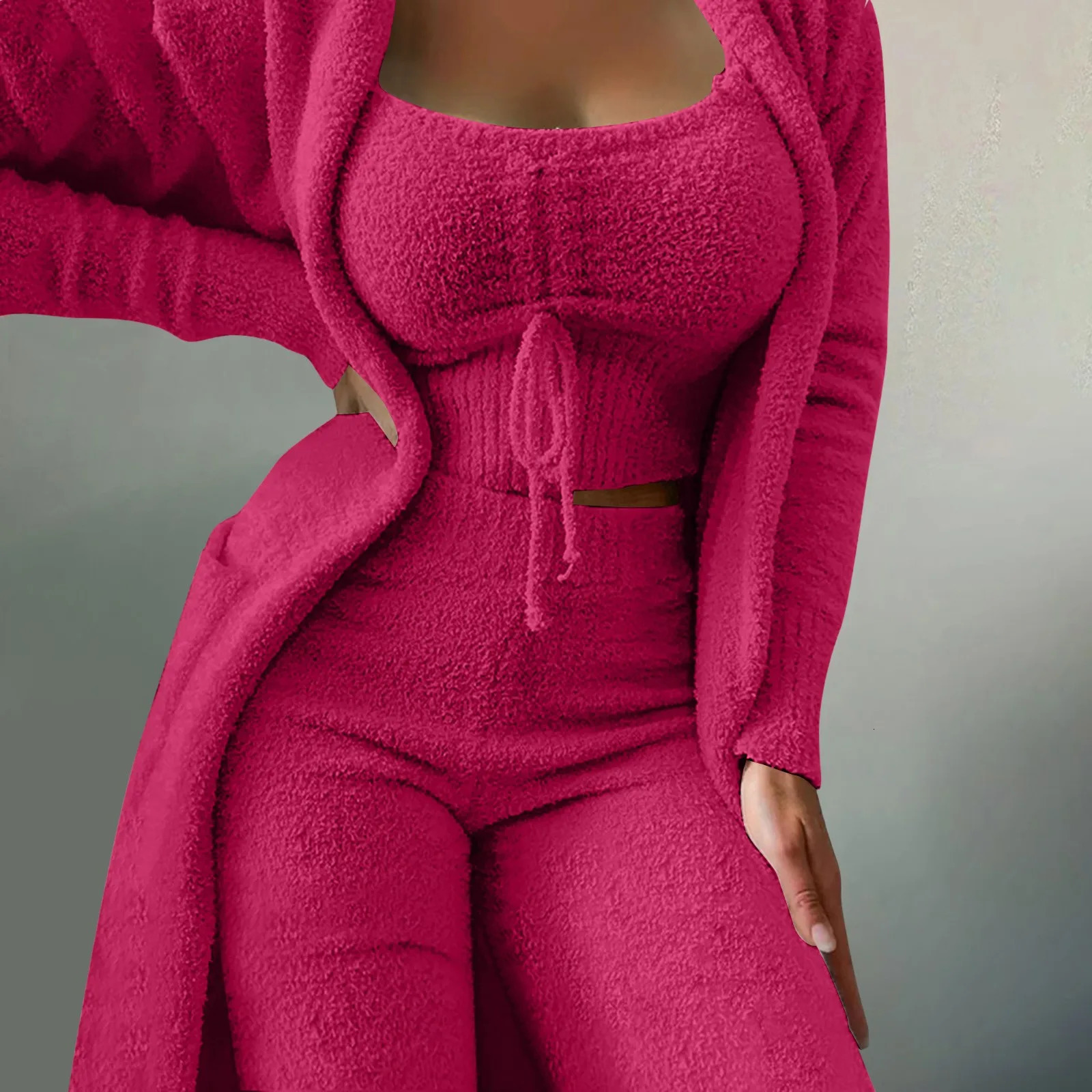 WomenS Fleece 3 Pc Teddy Loungewear Spaghetti Strap Crop Tank Wide Long Pants Fuzzy Kimono Cozy Sweatsuit Set Ladies Pants Suit 241028