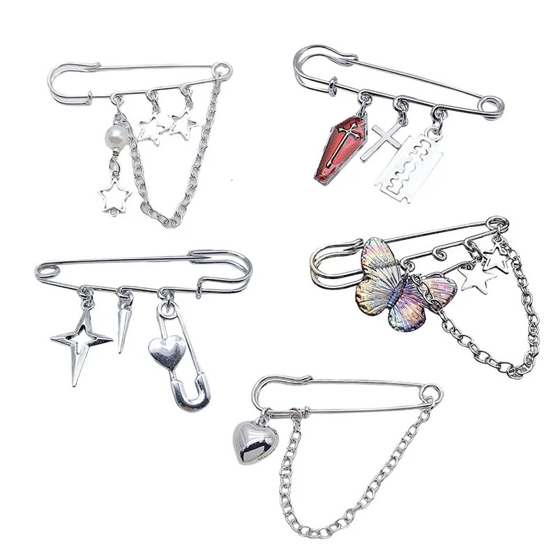 Gothic Brooch Cross BladeFivePointed Star heart Paper Clip Lapel Pin Fashion Sneaker Badge Shirt Collar Accessory 241028