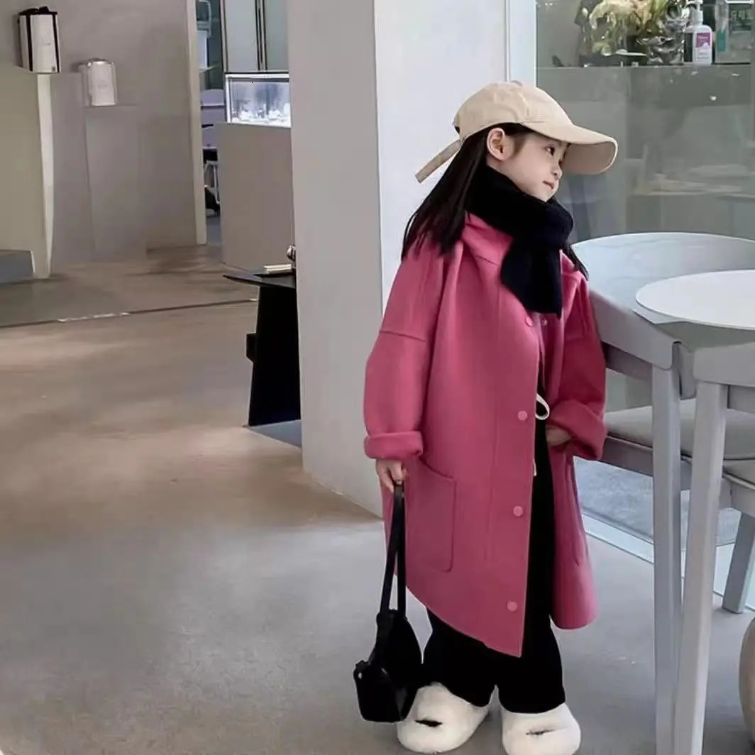 Wool Blends Coat Korean Winter Girls Long Hooded Warm Jacket Childrens Clothing Fashion Thicken Overcoat Kids Outerwear S65 241028