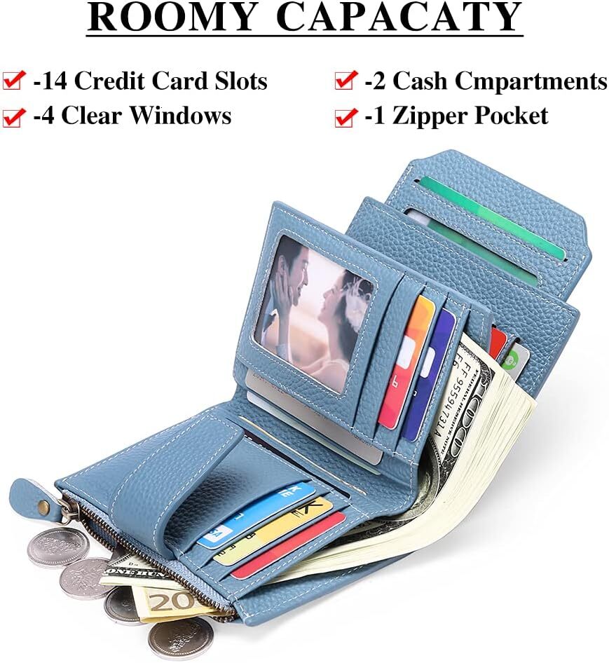FALAN MULE Wallet Made of Genuine Leather Double Fold Compact RFID Shielded Small Women's Wallet, Aa blue,