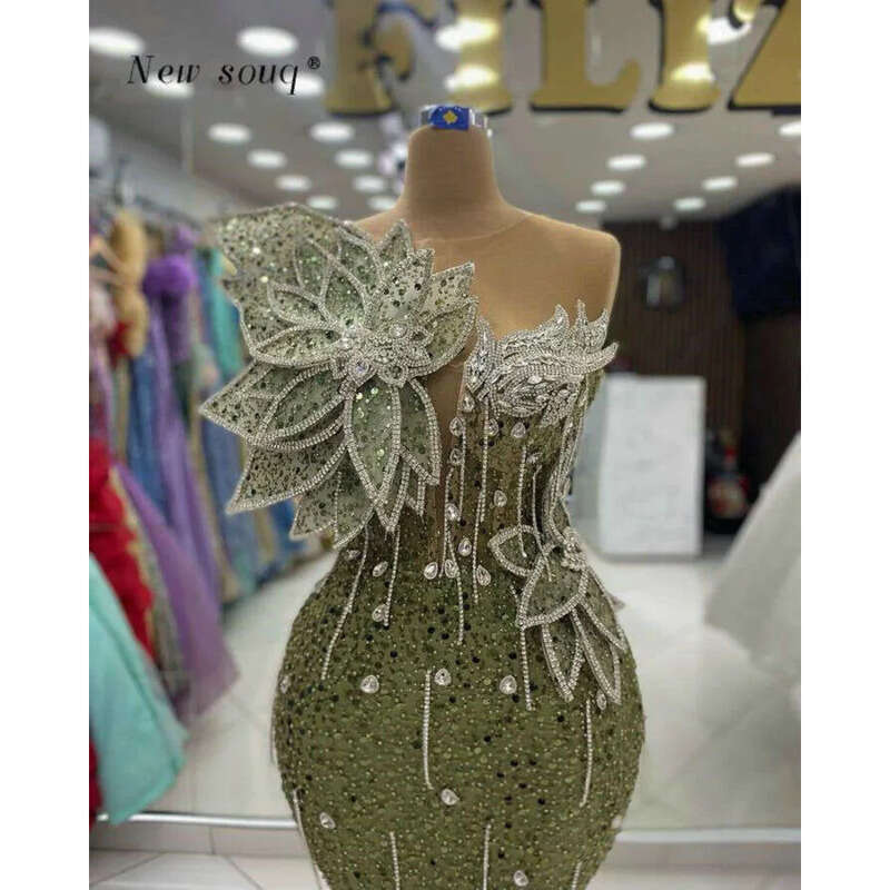 Army Green Glittering 3D Leaves Mermaid Evening Dresses Long Sleeveless Crystals Beaded Sequins Birthday Dance Party Gowns 0719