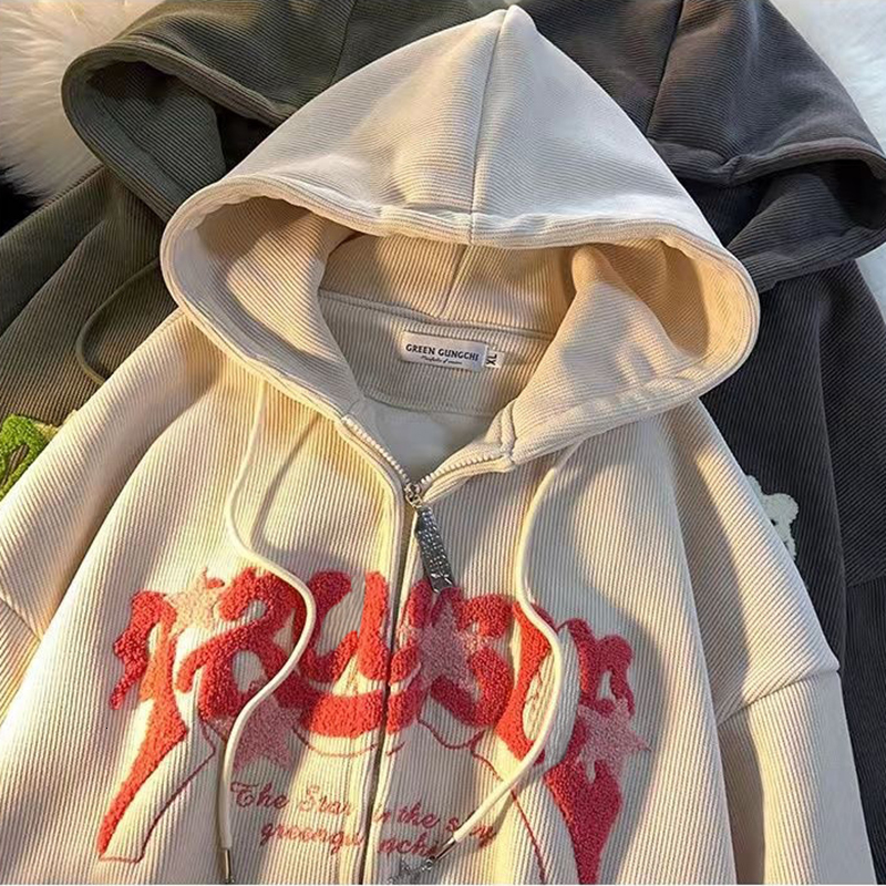 New Designer Corduroy Embroidered Loose Hoodie Women's Autumn Long Sleeve Top Zipper Hoodie Haruku Y2K Clothes Women's Sportswear Jacket