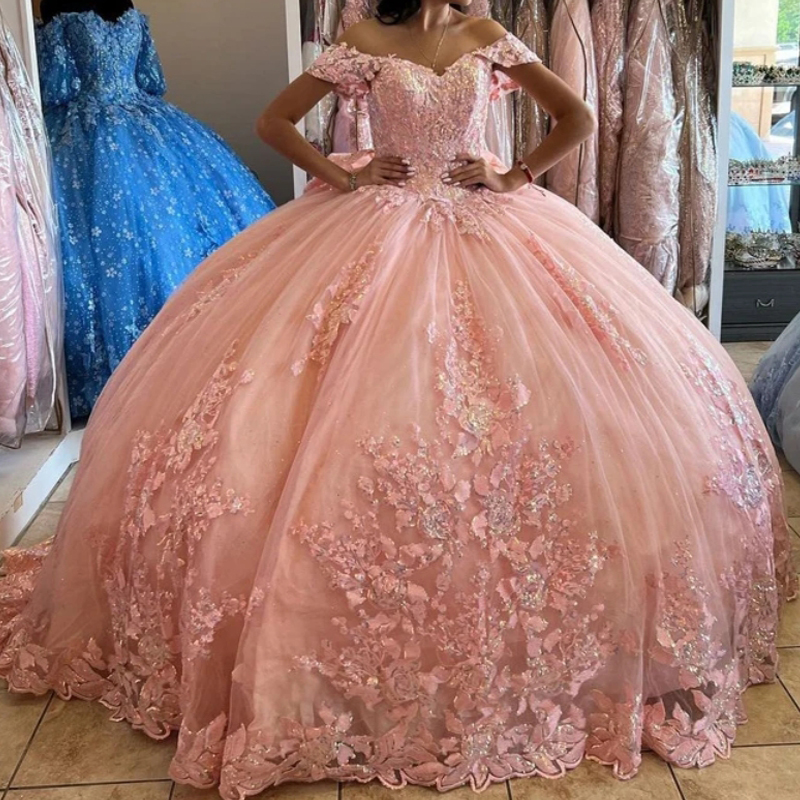 Shiny Pink Quinceanera Dresses Ball Gown Applique Beads Bow Tull Corset Party Birthday Lace Up Princess Sweet Dress Vestidos Anos D