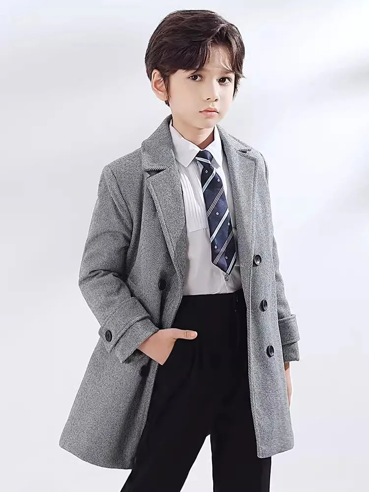 Boys Girls Winter Thick Warm Wool Coat Children Windproof Outdoor Long Jacket Kids Formal Birthday Party Pography Woolen Coat 241028