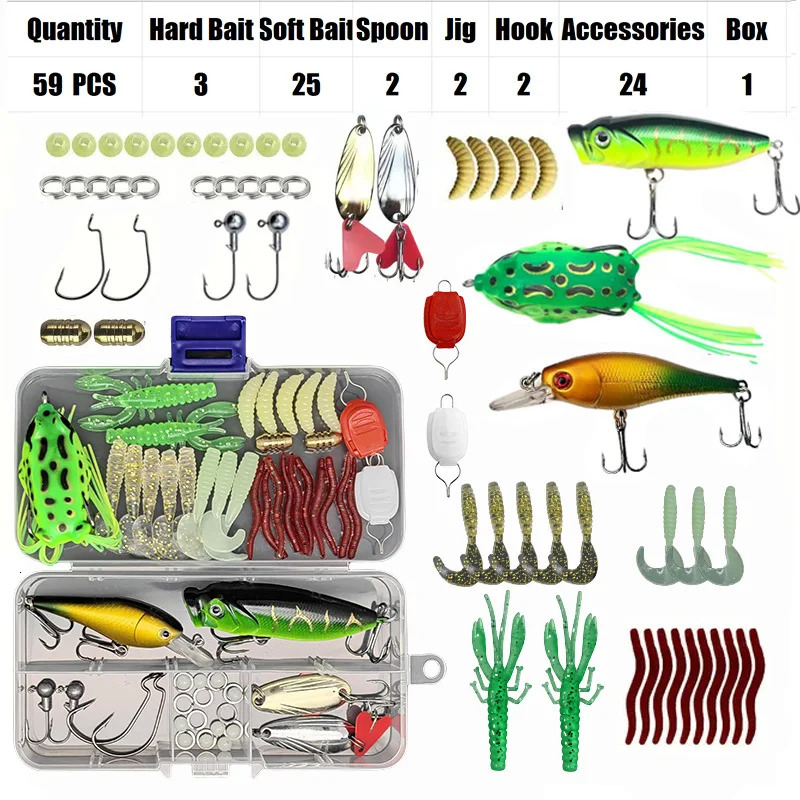 Fishing bait set 18/21/59/142 pieces Mixed VIB bait set Soft bait Minnow Popper hook Full fish accessories Fresh water 241029ww