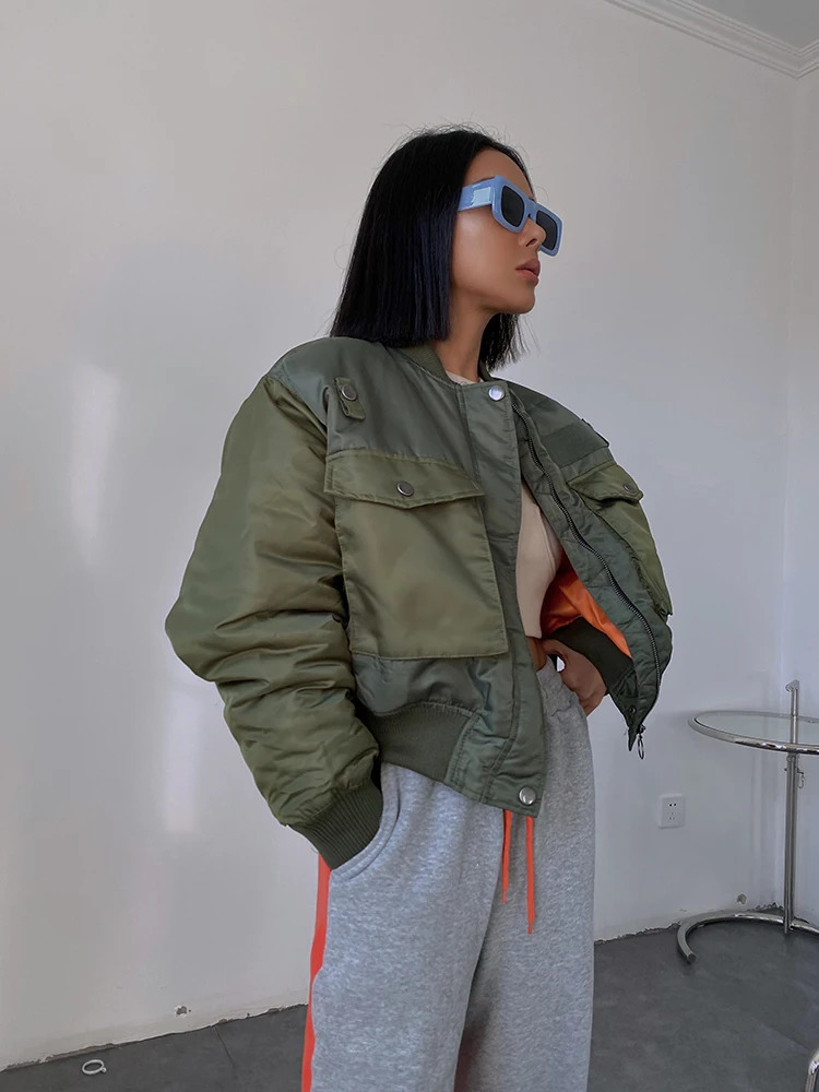 Women Contrast Pockets And Sleeves Bomber Jacket Padded In Khaki Green 241028
