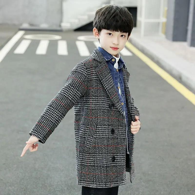 5-14T Boys Woolen Coat For Winter Fashion Plaid Turn Collar Thick Warm Woolen Jacket Gray/khaki High Quality 241028