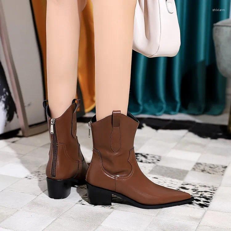 Boots Woman Flat Autumn Shoes Zipper Boots-Women Winter Footwear Low Rubber Fashion 2024 Pointy Ladies Med