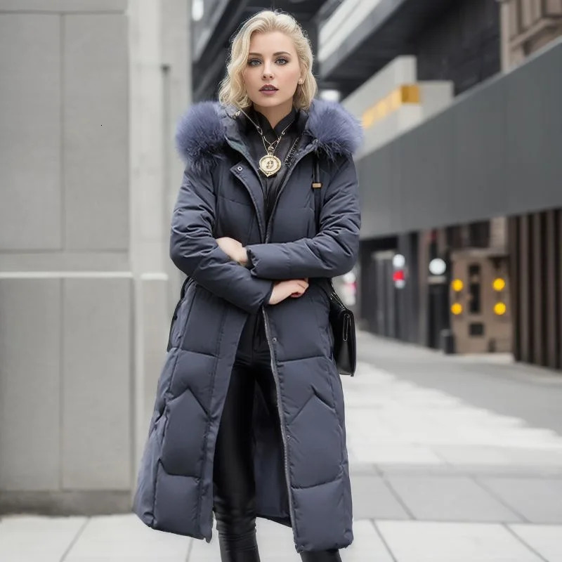 Parkas Winter Womens Jacket Long Coat 2024 Thick Coat Fur Collar Hooded Zipper Warm Chiffon Womens Apron 2