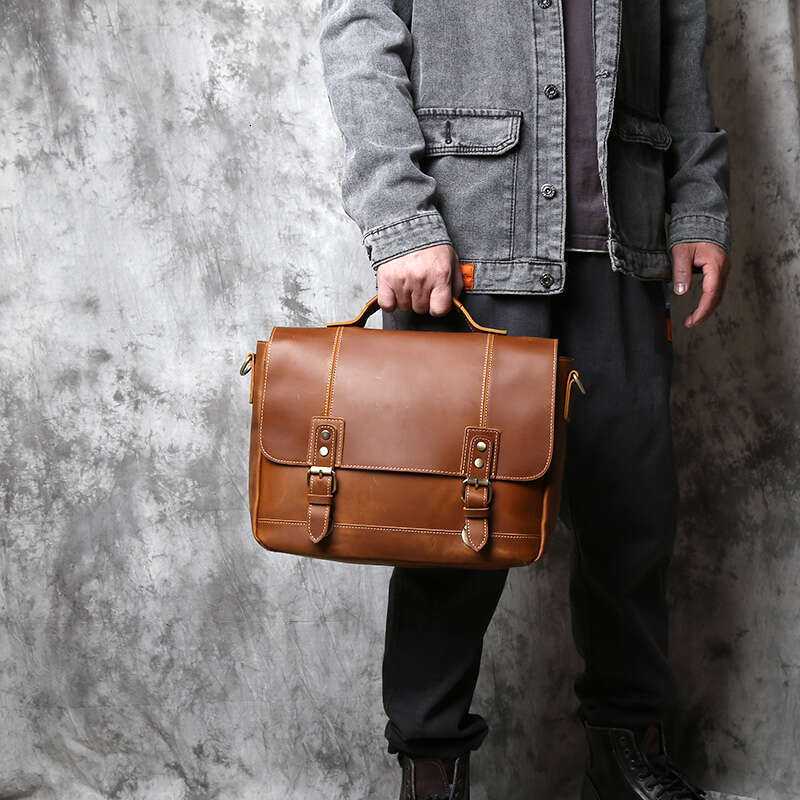 Vintage Men's Briefcase Crazy Horse Leather Handbag Casual Natural Cowhide Computer Shoulder Messenger Bag