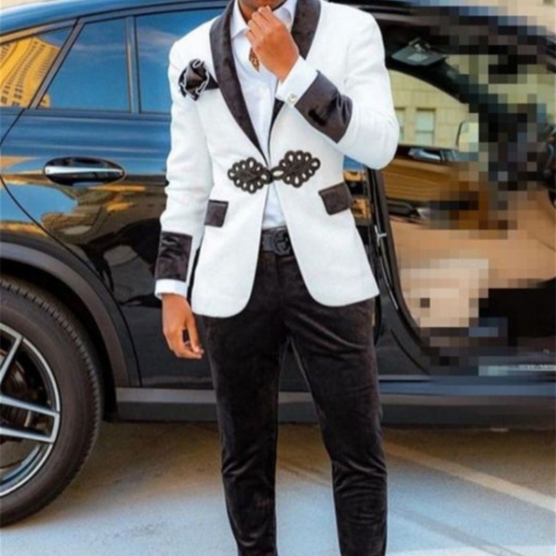 Black and white Jaquart mens 2-piece ultra-thin suit suitable for young mens dance party set velvet wedding evening dress Trajes De Hombre jacketpants