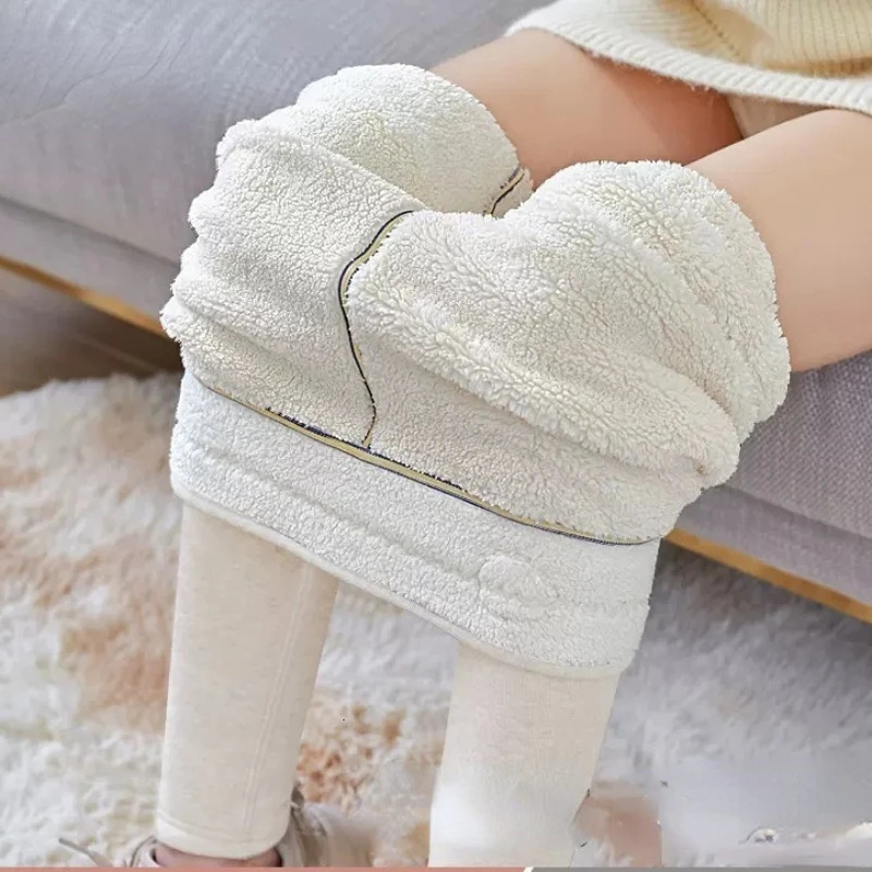 Cotton Super Thick Lamb Wool Leggings Autumn Winter Fashion Fleece Grey Ankle Pants Solid High Waisted Warm Cotton Pants 241028