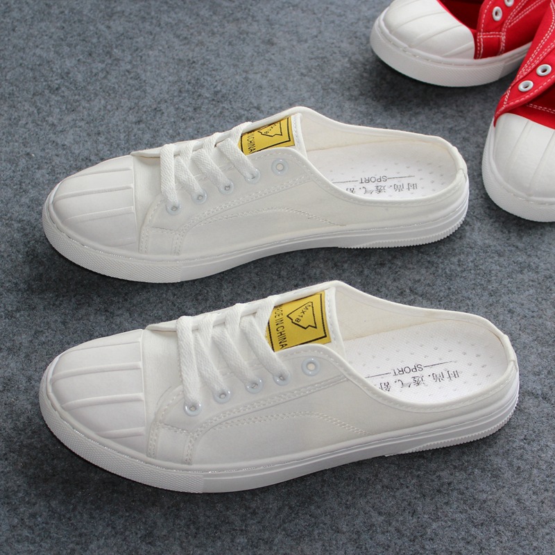 2024 Spring New Men's Half Dragged Canvas Shoes Breathable Comfortable Trendy Flat bottomed Board Shoes Lazy Men's Shoes