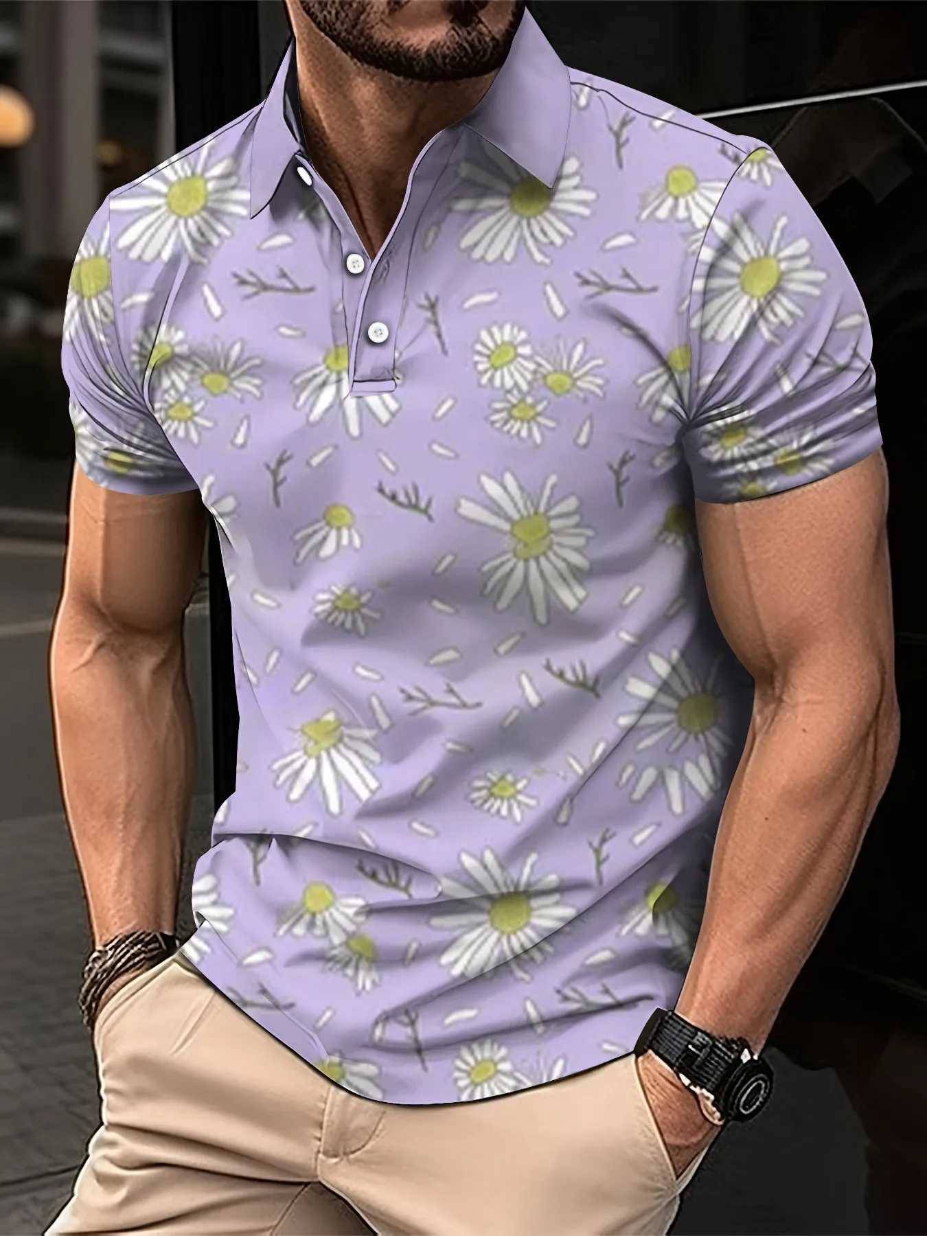 New Mens Polo Shirt Street Casual Short Sleeve Flower Print Buttons Tops Fashion Pullover Oversized Clothing Male Golf WearX241028