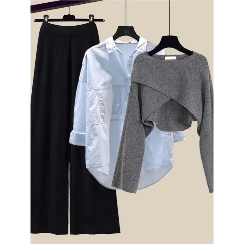 Winter 3 Piece Sets Womens Outfit Office Ladies Elegant Irregular Knitted Sweater Shirt Wide Leg Pants Set Women Clothing N434 241028