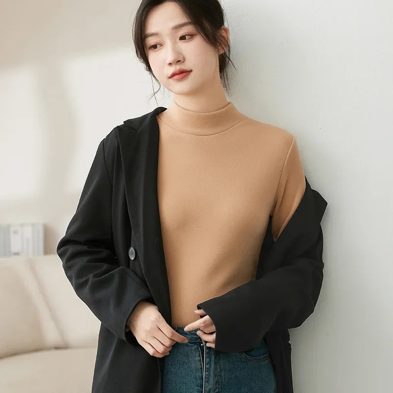 Thick wool top womens mid to high neck ultra soft velvet bottom T-shirt elastic womens jumper puller 241028