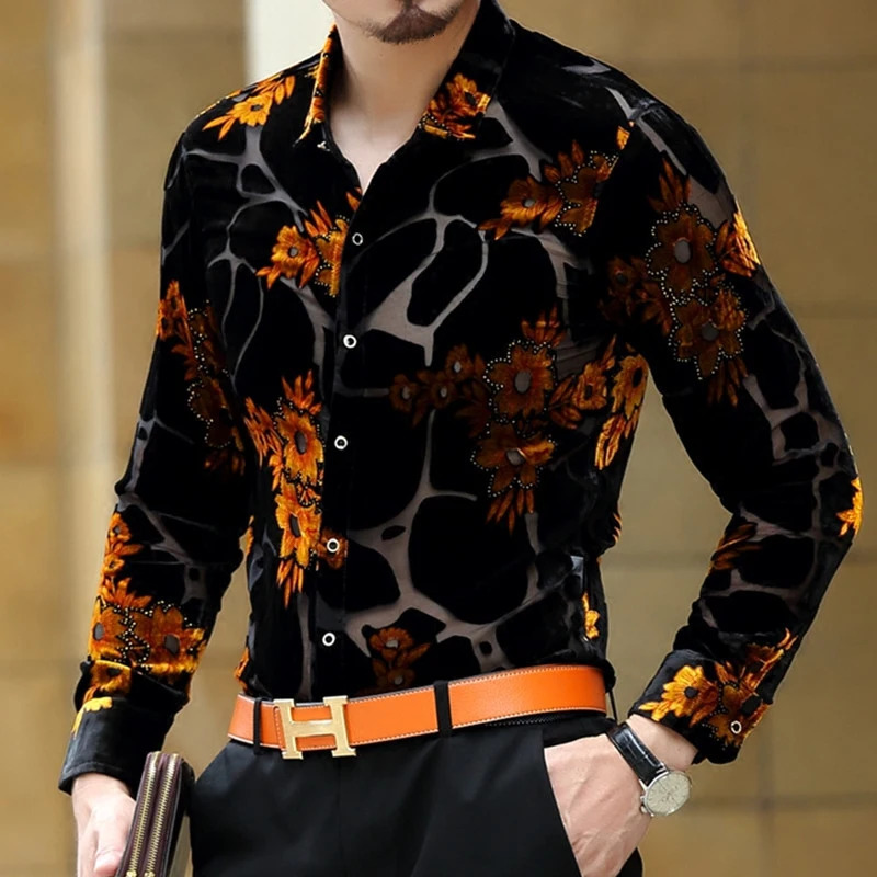 Exquisite floral silk dress mens long sleeved fashionable casual summer high-quality velvet transparent easy to care silk chemical men 241028