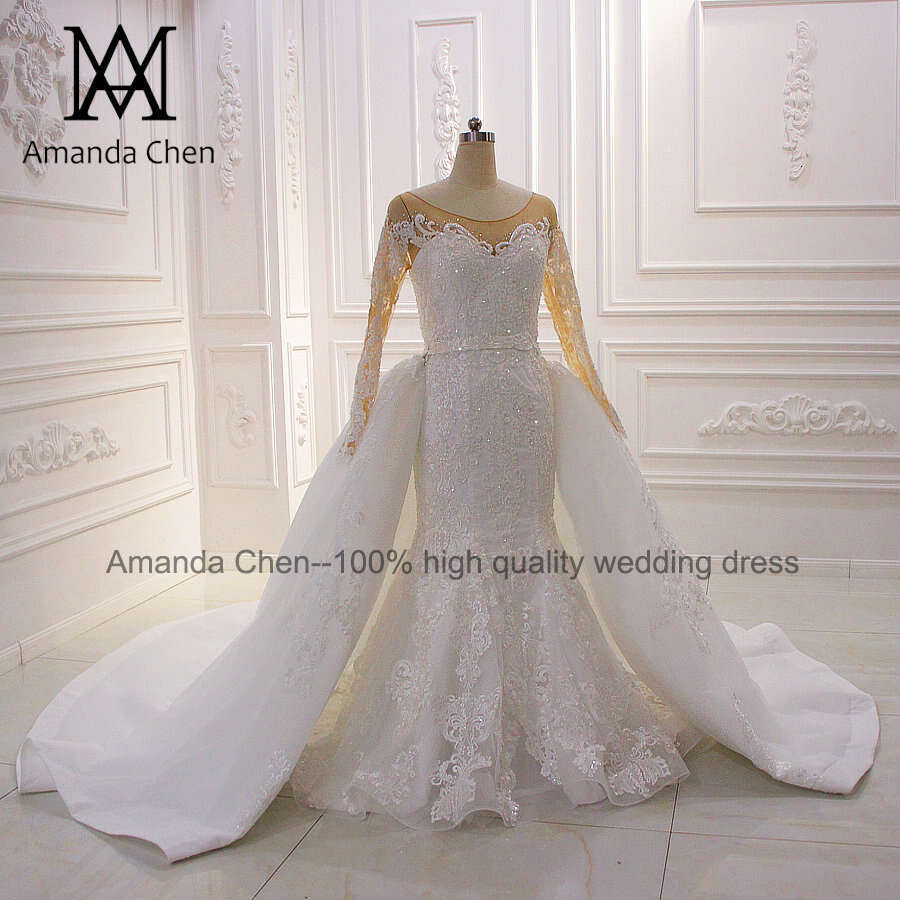robe mariage femme Long Sleeve Lace Appliques Removable Skirt Wedding Dress