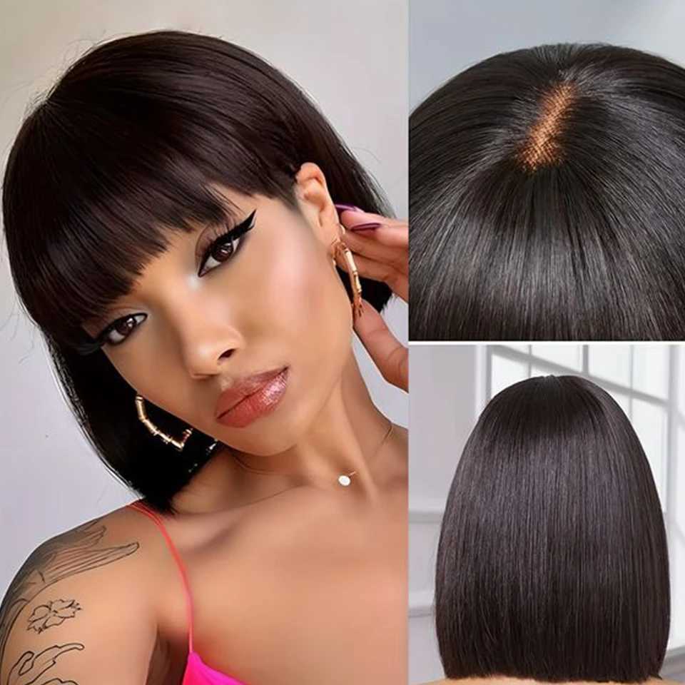 New Arrival Peruvian straight Bob lace wig without glue straight wig with fringe edge middle part Bob lace wig real scalp Z241028
