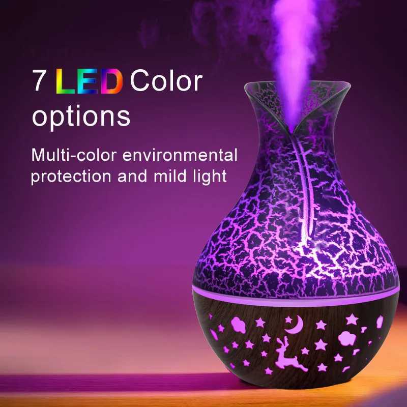 150ml new Vase air humidifier hollow wood grain aramid essential oil diffuser 7-color LED light Y241104