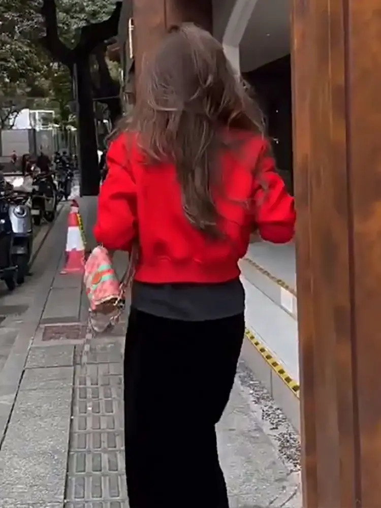 Red baseball uniform womens spring single chest round neck short casual loose jacket top 241029