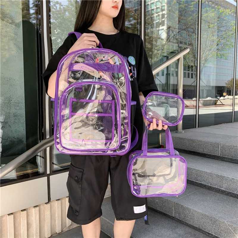 CMM Three Piece Set Women Backpacks Unisex Transparent Backpack Female Student School Waterproof Pvc Clear Book Bag Purple 241029
