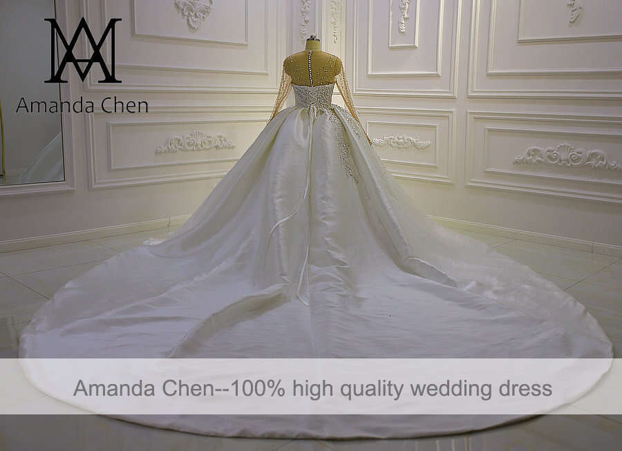 Trouwjurk Full Sleeve Lace Appliques Pearls Satin Ball Gown Wedding Dress 0228Lz