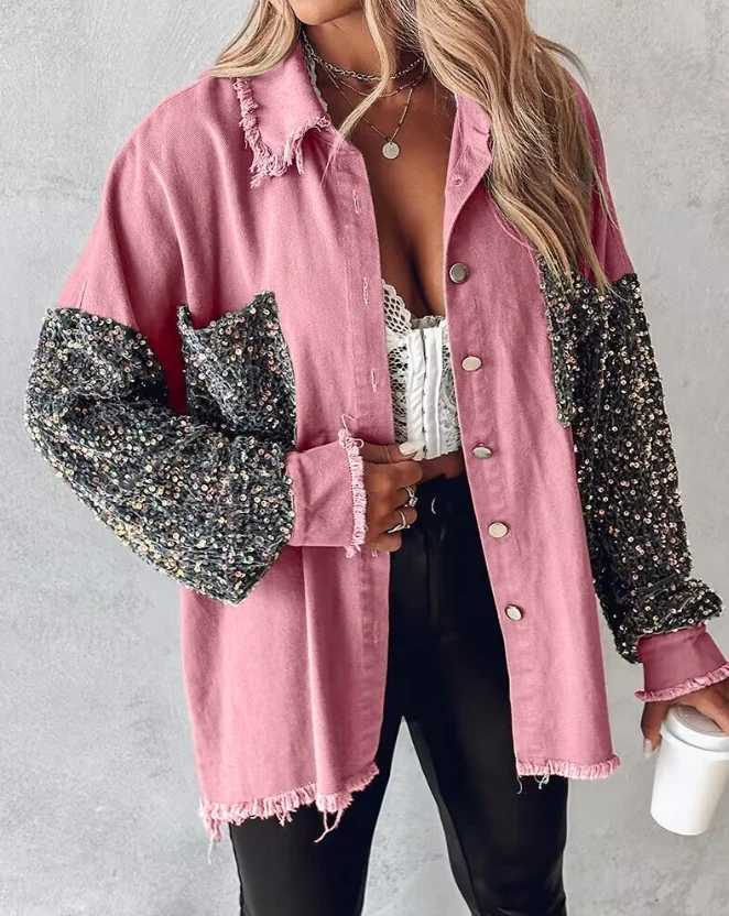Women's Jackets Womens Contrast sequin raw hem shaver casual clothing new autumn color lock womens fashionable warm long Sleve loose jacket Y2410