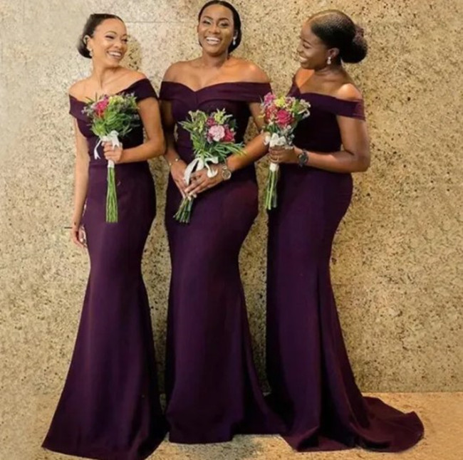 Dark Purple Plus Size Bridesmaid Dresses For Black Girls Saudi Arabic Mermaid Style Satin Wedding Guest Dress Maid Of Honor Gowns 1029