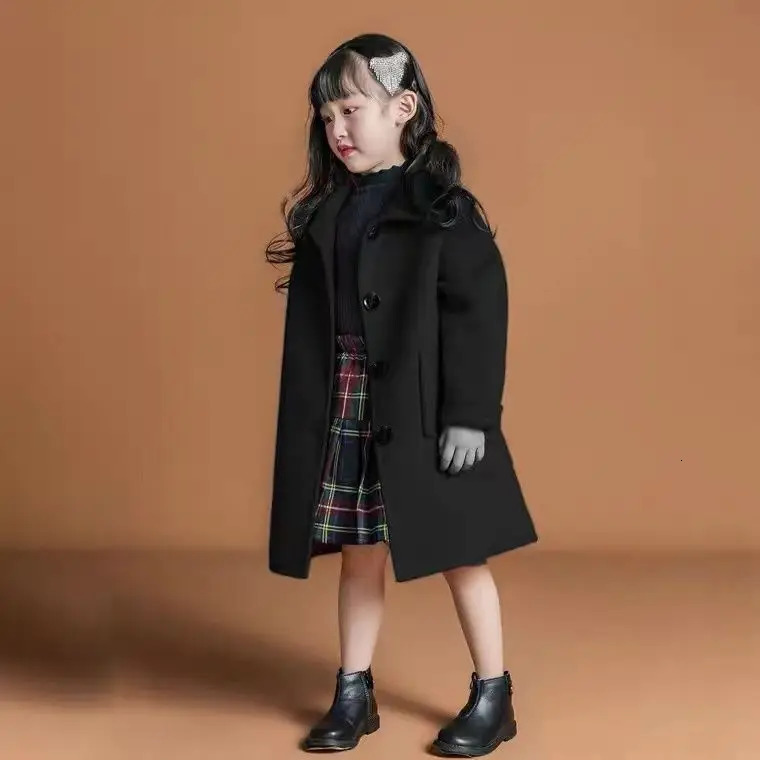 Girls Wool Coats Cute Outwear Kids Wool Jackets Teenager Long Overcoat Casual Winter Clothes for Girls S70 241028