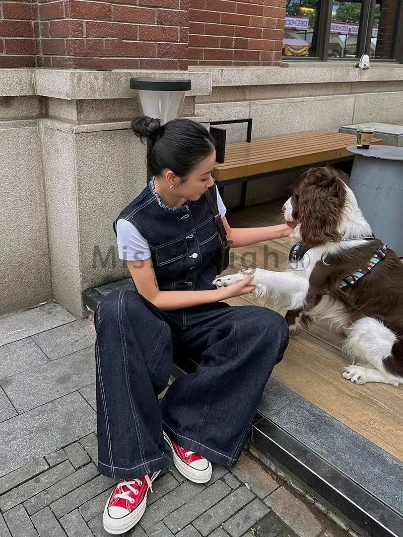 2000S Aesthetic Vintage Blue Denim 2 Piece Set Women Y2k Vest Slim Short Tops Casual Wide Leg Pants Female Chic Clothing 241028