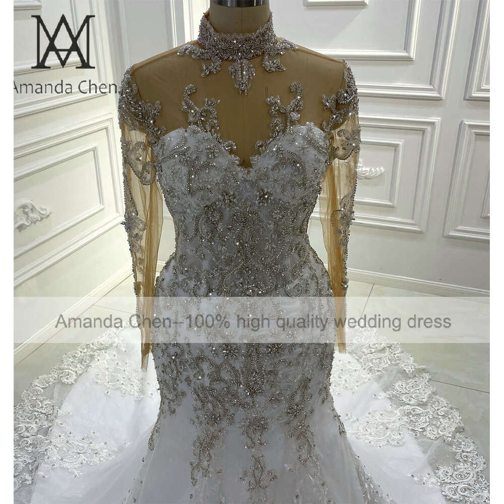High Neck Lace Appliques Full Sleeves Wedding Dress