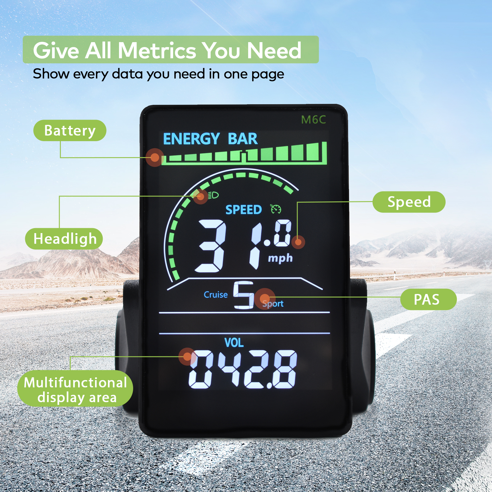 Electric Bike LCD Screen M6C (24V-60V) with USB & UART - Univeral Motorcycle LED Monitor