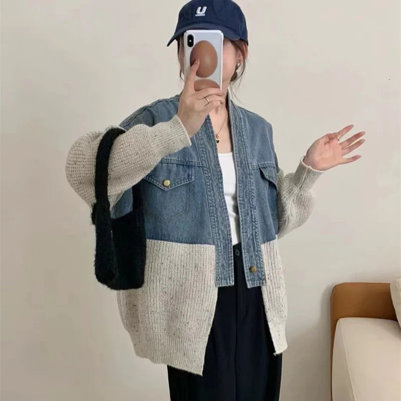 Fashion denim patchwork single button knitted cardigan loose casual womens sweater winter autumn trendy 16O1579 241029
