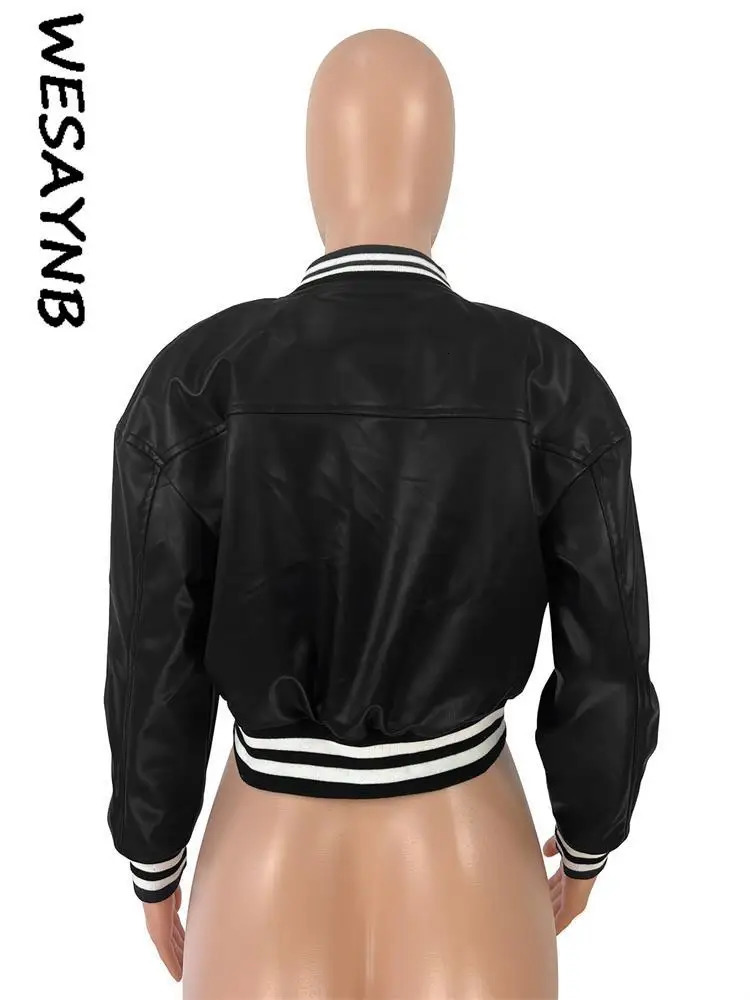 Baseball Patch Fashion Fall Pu Womens Leather Jacket Button Black Crop Top Coat University Bomber Jacket 241029