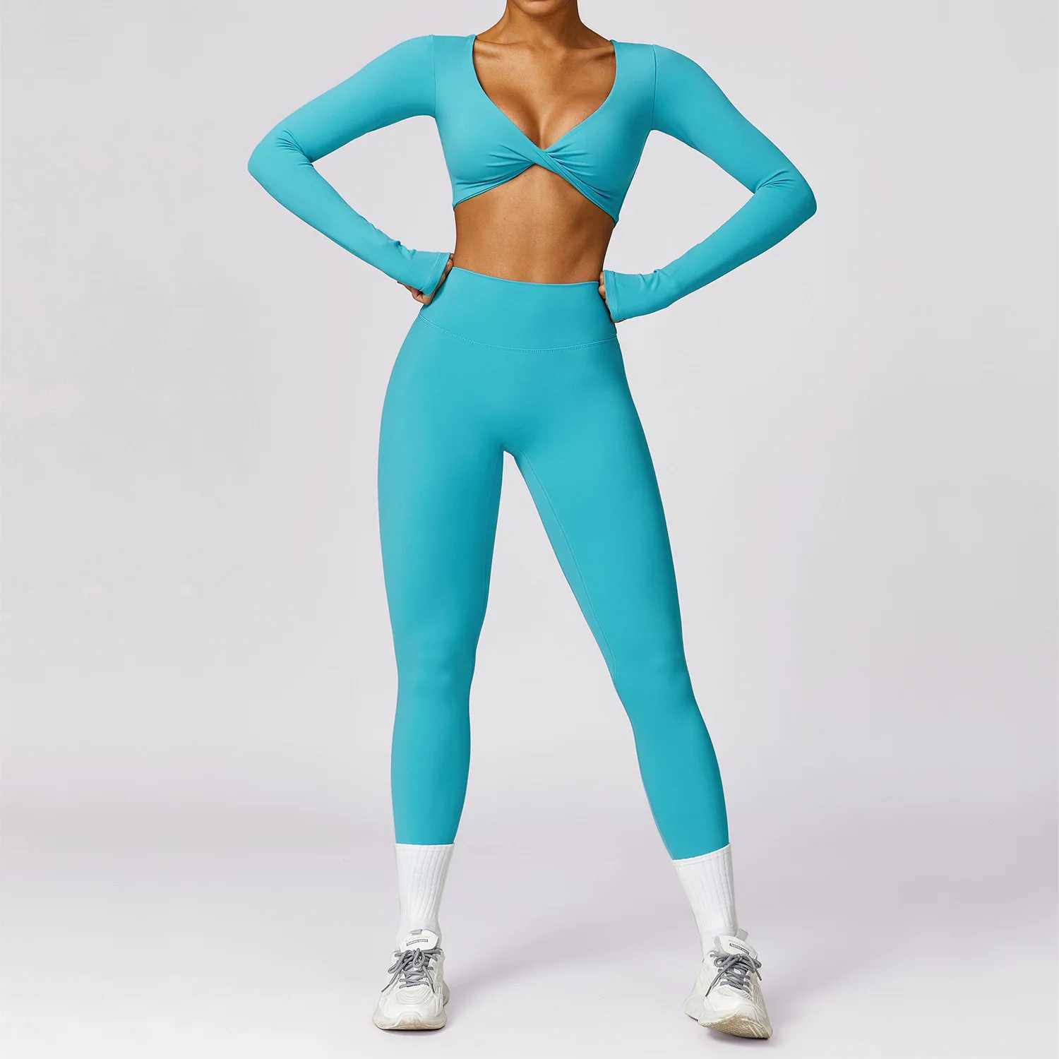 Women's Tracksuits Women 2PCS Workout Outfits Sets Gym Clothes Sportswear Tracksuit Long Slve Crop Top Leggings Stretch Sports Bra Fitness Y24102