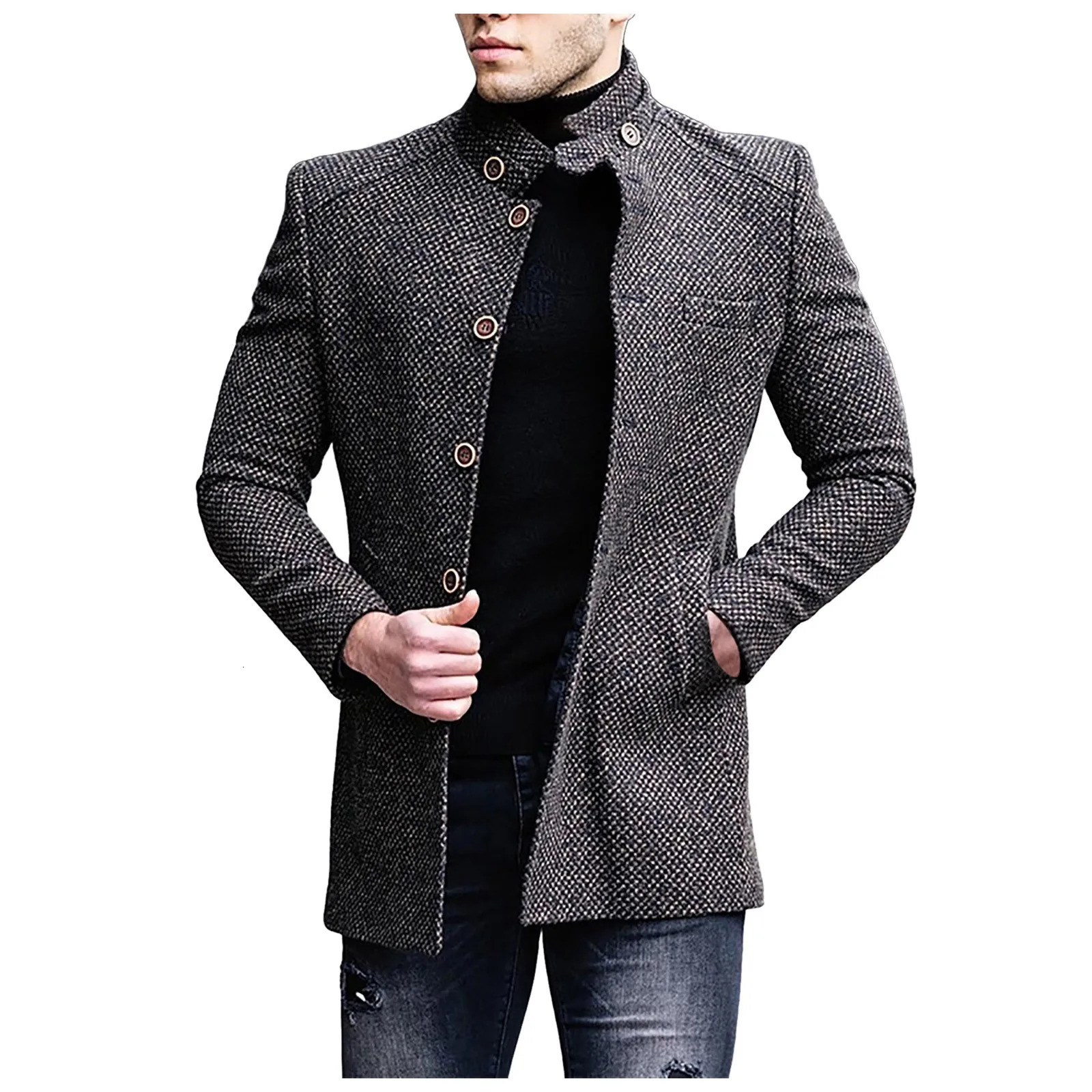 Autumn and winter vintage printed wool coat mens casual single chest lapel long sleeved coat mens fashionable loose pocket mid length jacket 241024