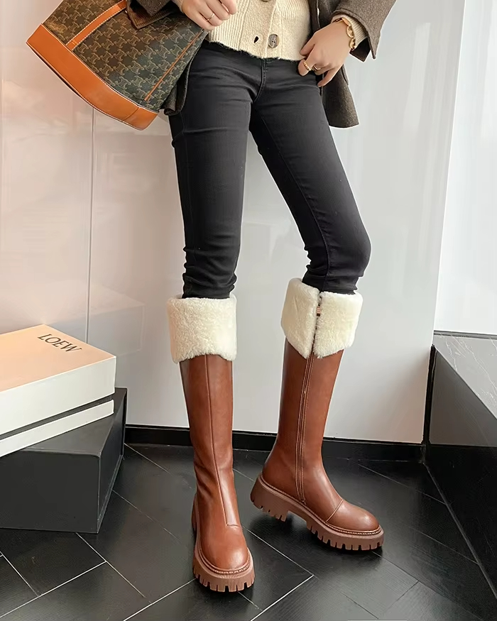 Winter Furry Womens Platform Soled Brown Thigh-High Ankle New Outdoor Red Sole Square Skirt Boots Handmade Toe Business Men's Winter Boots