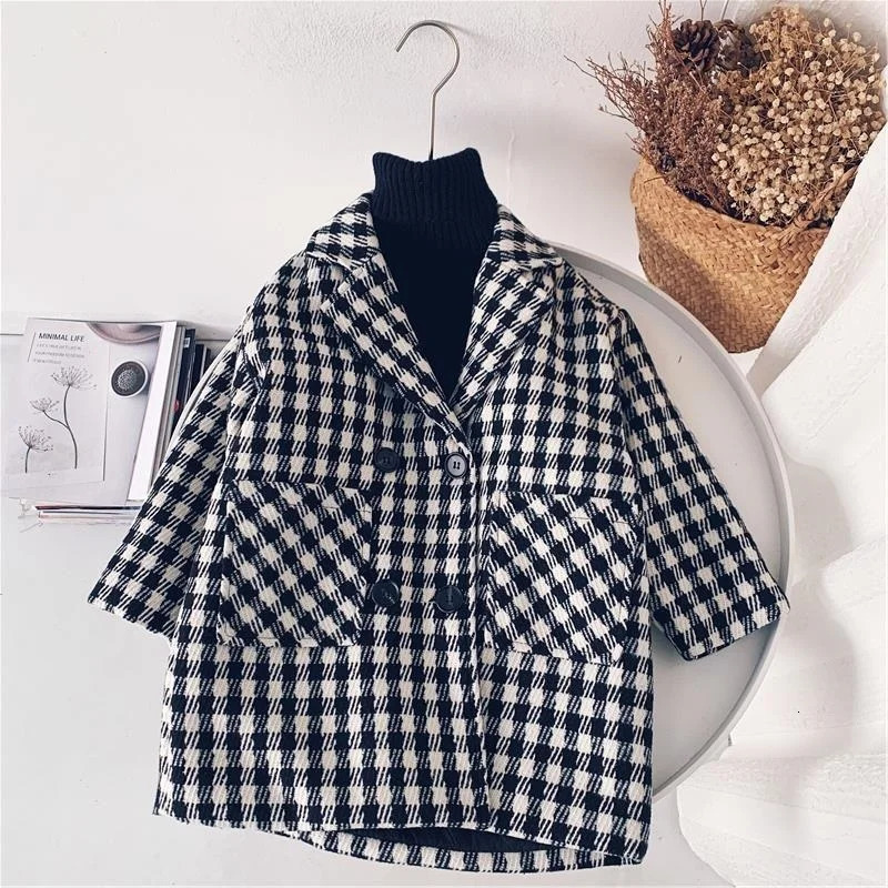 Baby Boy Girl Woolen Plaid Jacket Long Double Breasted Warm Child Lapel Tweed Coat Cotton Padded Baby Outwear Clothes 1-10Y 241028