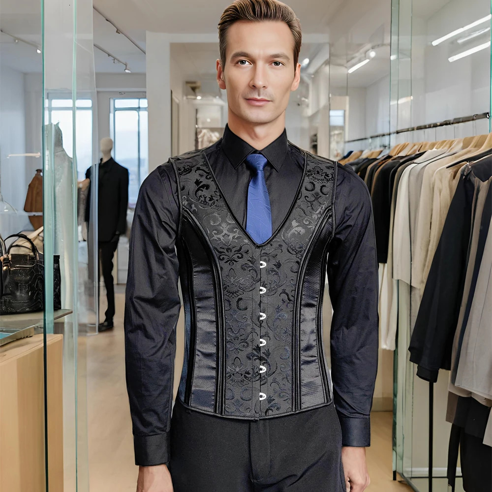 Mens tight corset vest slim waist formal dress waist jacket belly control shaping top wedding stage costume lace tank top black 241029