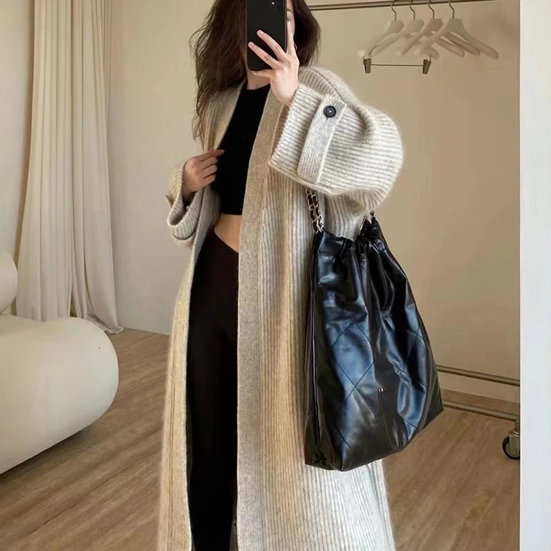 Long Sleeve Knit Sweater Cardigan Loose Long Coat Autumn Winter Women Clothing Casual High Street Vintage Simple Oversize Thick 241028