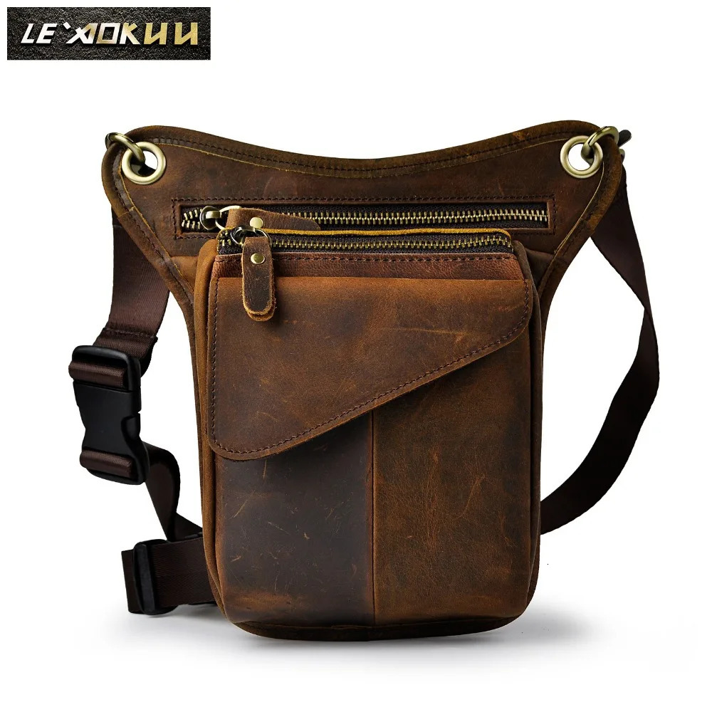 Quality Leather Men Casual Brown Classic Shoulder Sling Bag Multi-function Fashion Travel Waist Belt Pack Leg Bag 211-3 241028