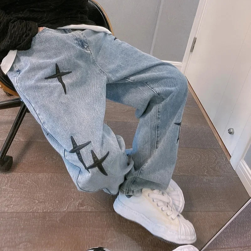 Men Prints Star Jeans Streetwear Loose Wide Leg Boyfriend Vintage Fashion Straight Casual Denim Cargo Pants 241028