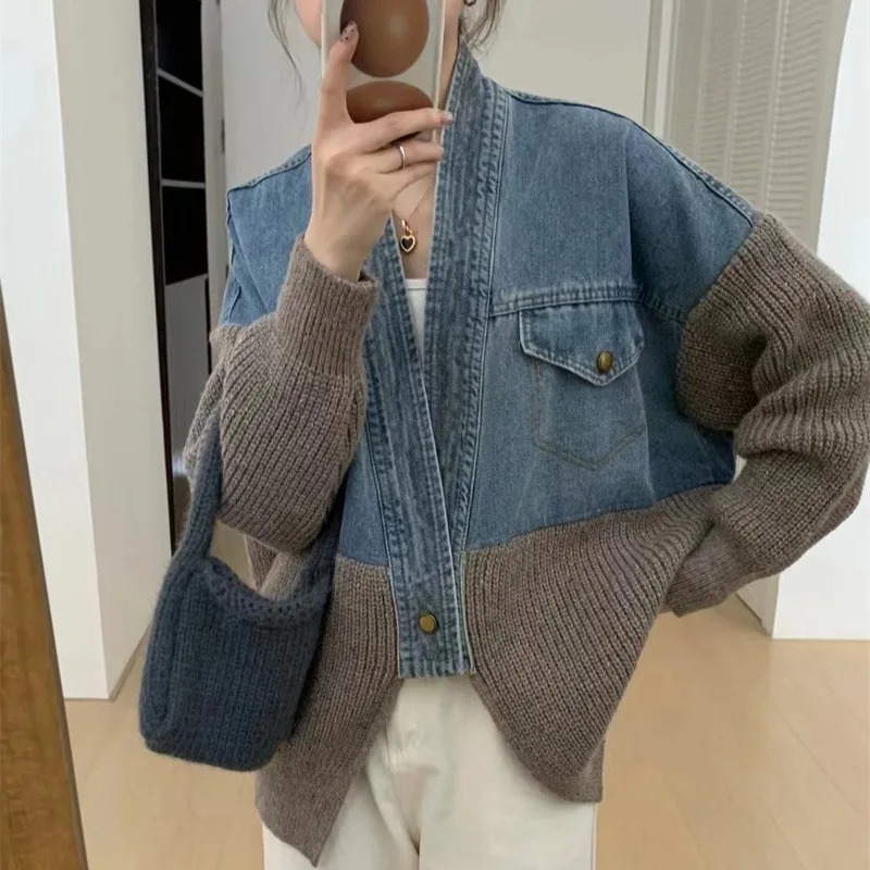 Fashion denim patchwork single button knitted cardigan loose casual womens sweater winter autumn trendy 16O1579 241029