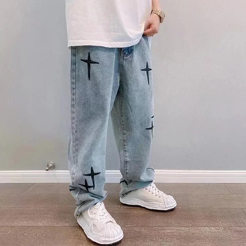 Men Prints Star Jeans Streetwear Loose Wide Leg Boyfriend Vintage Fashion Straight Casual Denim Cargo Pants 241028